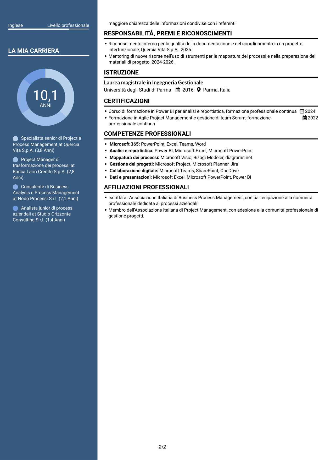 CV Elegante (formato con colonna laterale colorata e foto): Specialista di Project e Process Management - Processi assicurativi, pagina 2