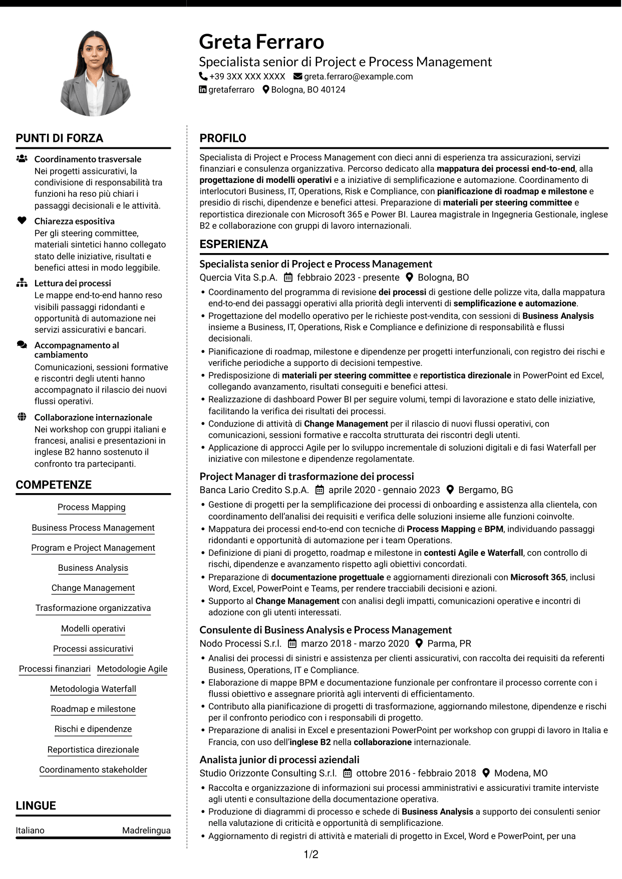 CV Moderno (formato a due colonne con foto a sinistra e separatore): Specialista di Project e Process Management - Processi assicurativi, pagina 1