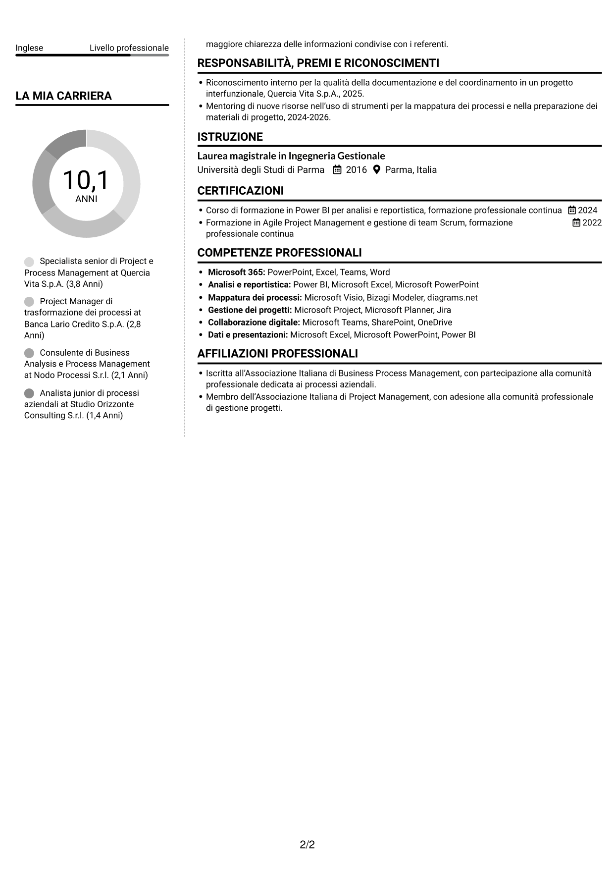 CV Moderno (formato a due colonne con foto a sinistra e separatore): Specialista di Project e Process Management - Processi assicurativi, pagina 2