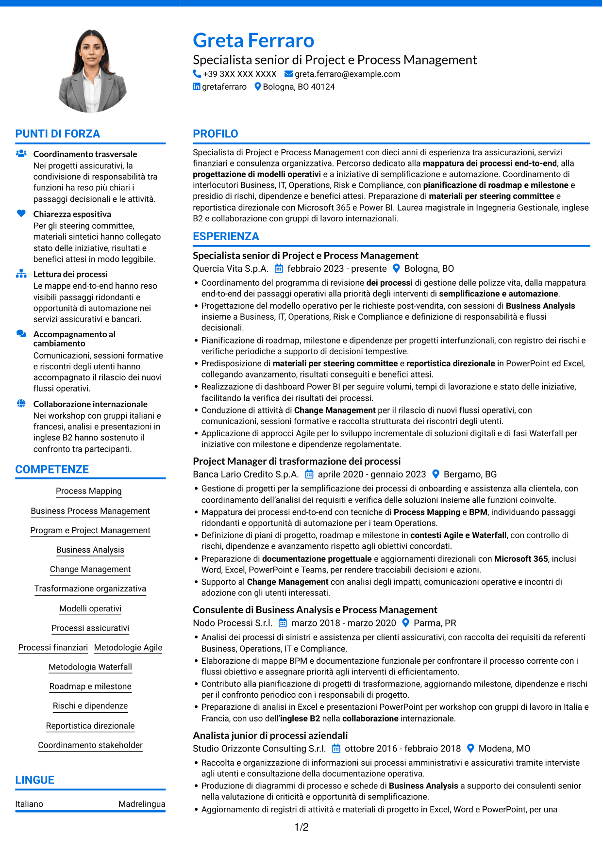 CV Audace (formato a due colonne con accenti colorati e foto): Specialista di Project e Process Management - Processi assicurativi, pagina 1