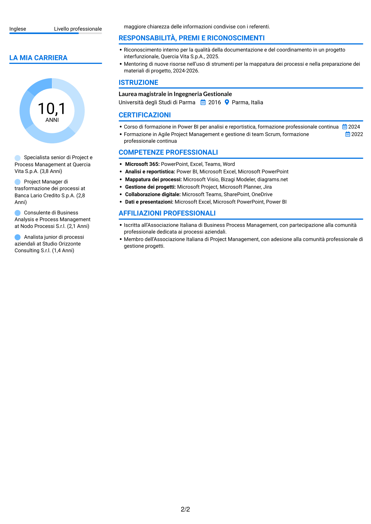 CV Audace (formato a due colonne con accenti colorati e foto): Specialista di Project e Process Management - Processi assicurativi, pagina 2