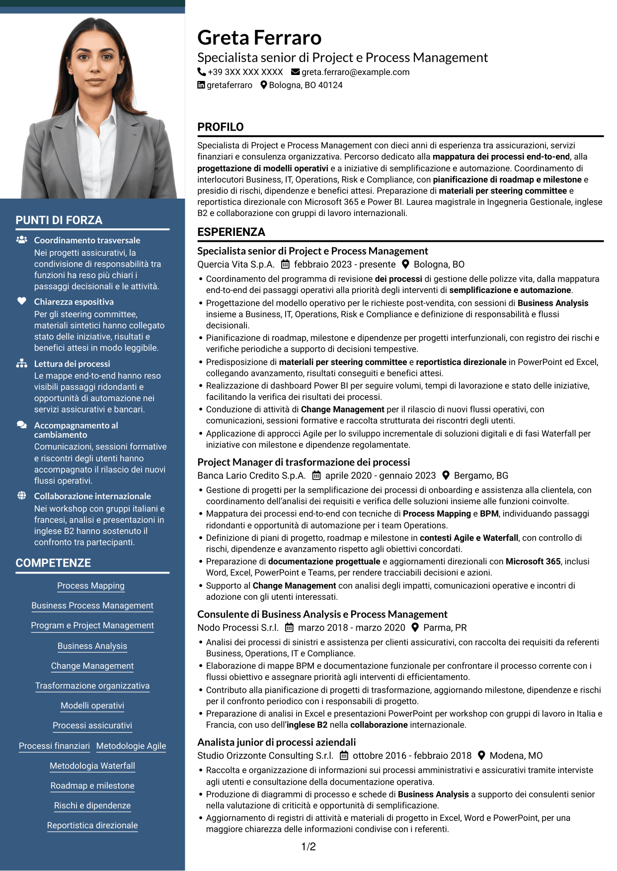 CV Signature (formato con colonna laterale colorata e foto grande): Specialista di Project e Process Management - Processi assicurativi, pagina 1