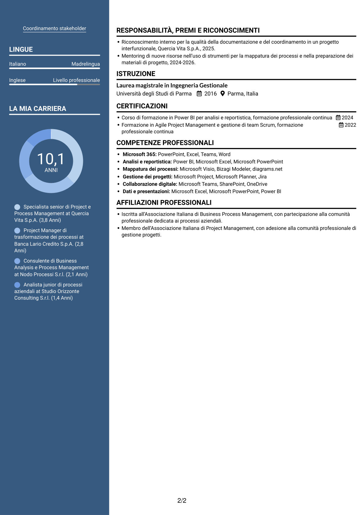 CV Signature (formato con colonna laterale colorata e foto grande): Specialista di Project e Process Management - Processi assicurativi, pagina 2