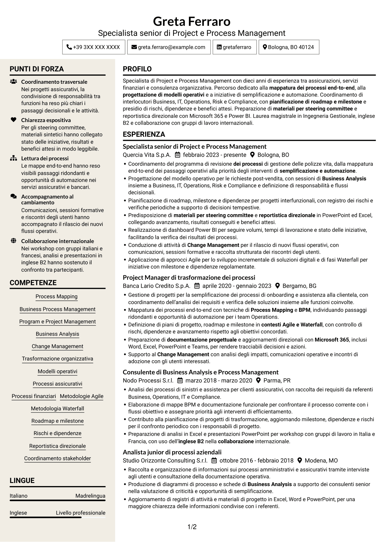 CV Intraprendente (formato a due colonne con intestazione centrata senza foto): Specialista di Project e Process Management - Processi assicurativi, pagina 1