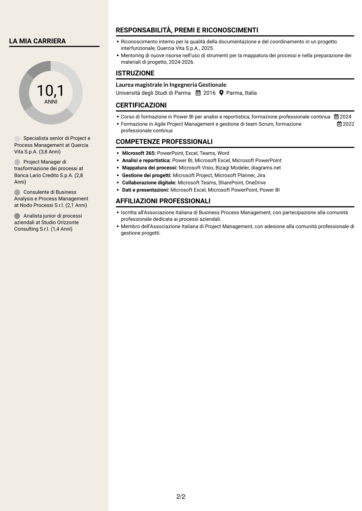 CV Intraprendente (formato a due colonne con intestazione centrata senza foto): Specialista di Project e Process Management - Processi assicurativi, pagina 2