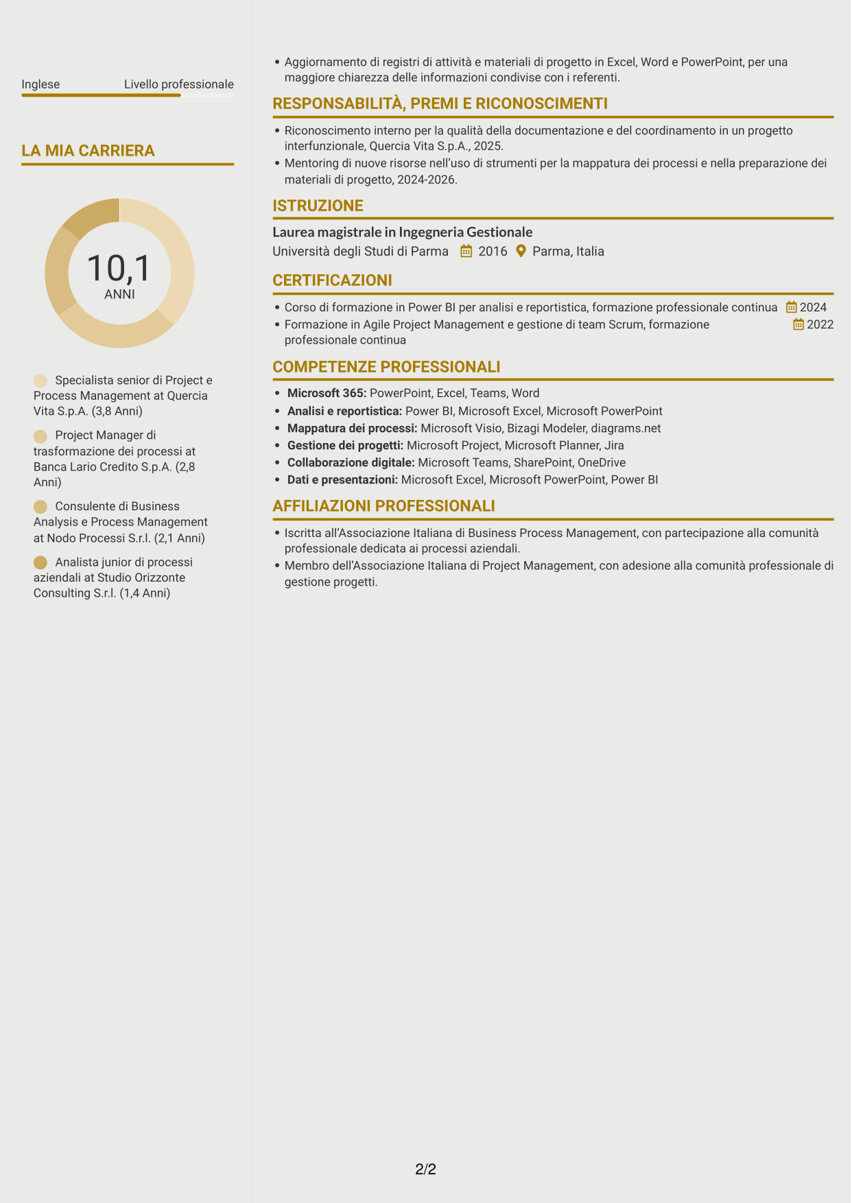 CV Dinamico (formato a due colonne con icone): Specialista di Project e Process Management - Processi assicurativi, pagina 2