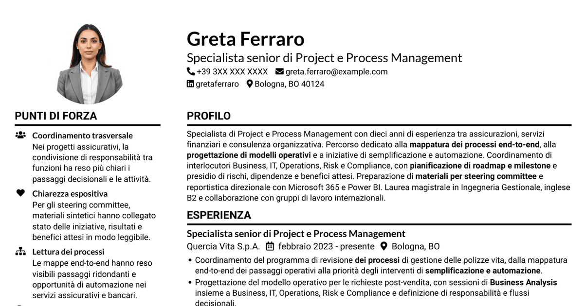 7 modelli di CV per Specialista di Project e Process Management - Processi assicurativi, con esempi