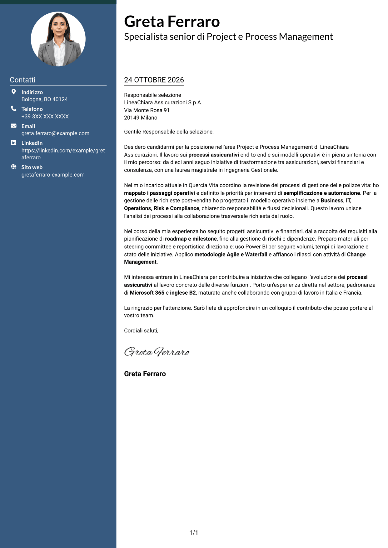 Lettera di presentazione Elegante (formato con colonna laterale colorata e foto): Specialista di Project e Process Management - Processi assicurativi, pagina 1