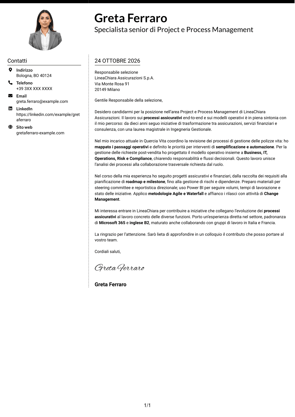 Lettera di presentazione Moderno (formato a due colonne con foto a sinistra e separatore): Specialista di Project e Process Management - Processi assicurativi, pagina 1