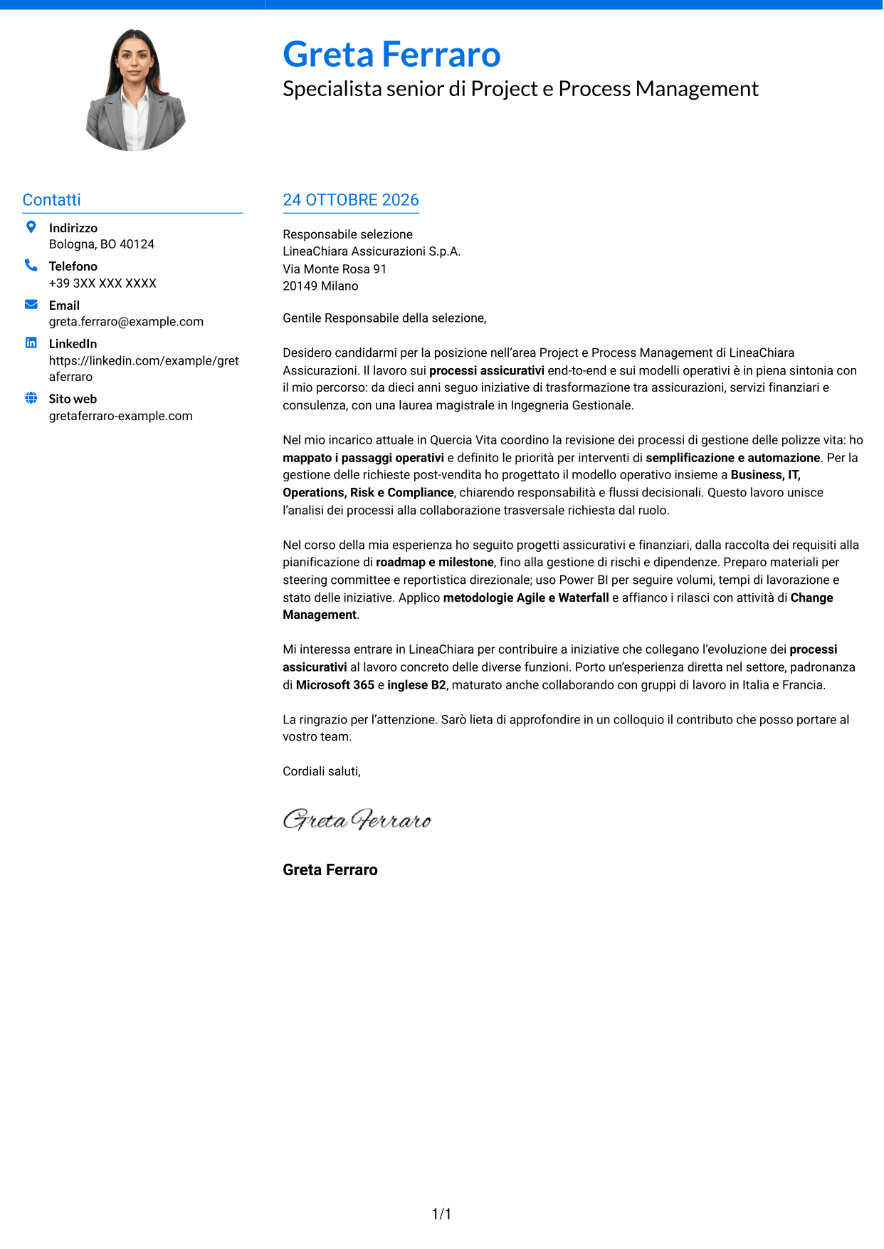 Lettera di presentazione Audace (formato a due colonne con accenti colorati e foto): Specialista di Project e Process Management - Processi assicurativi, pagina 1