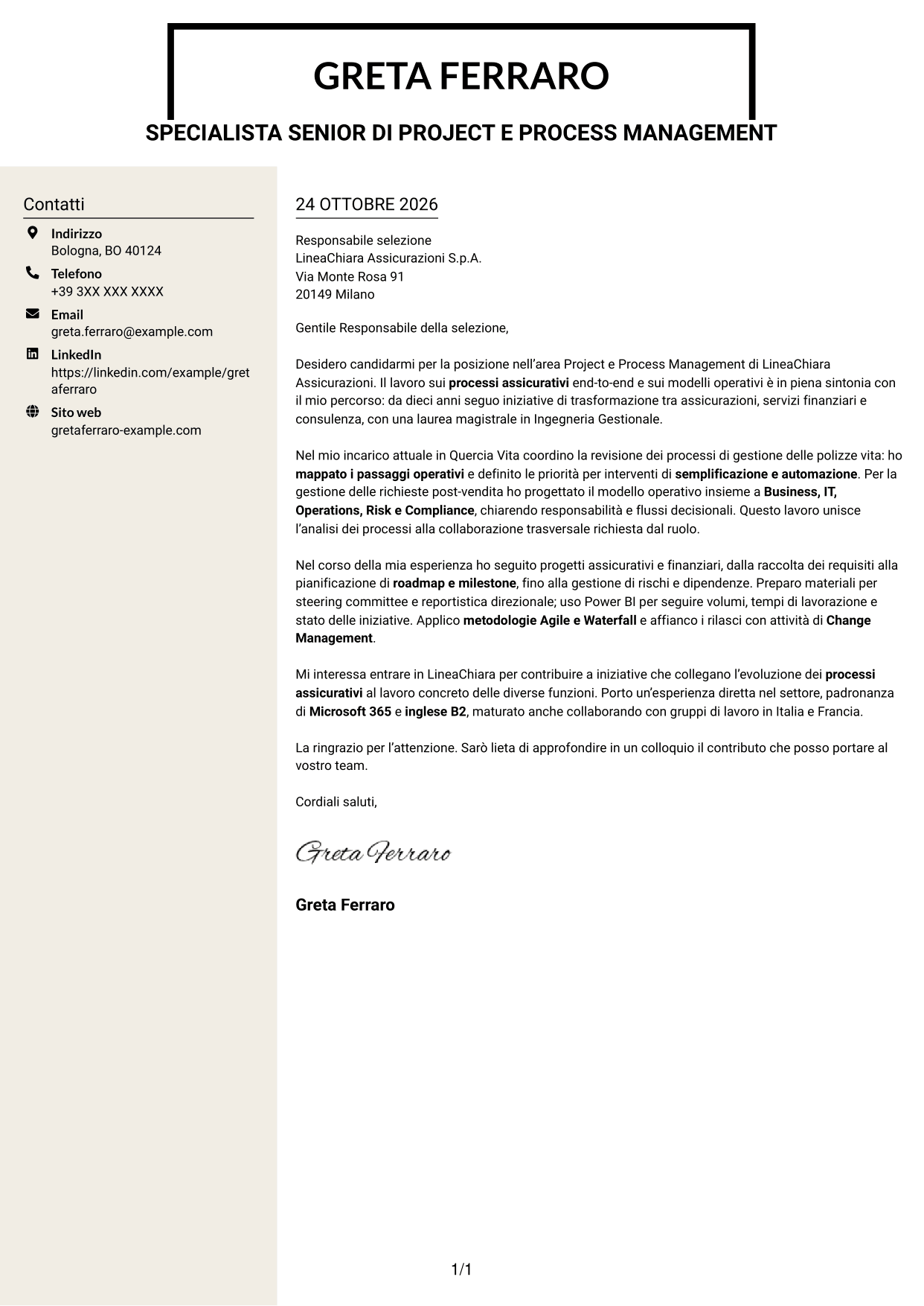 Lettera di presentazione Intraprendente (formato a due colonne con intestazione centrata senza foto): Specialista di Project e Process Management - Processi assicurativi, pagina 1
