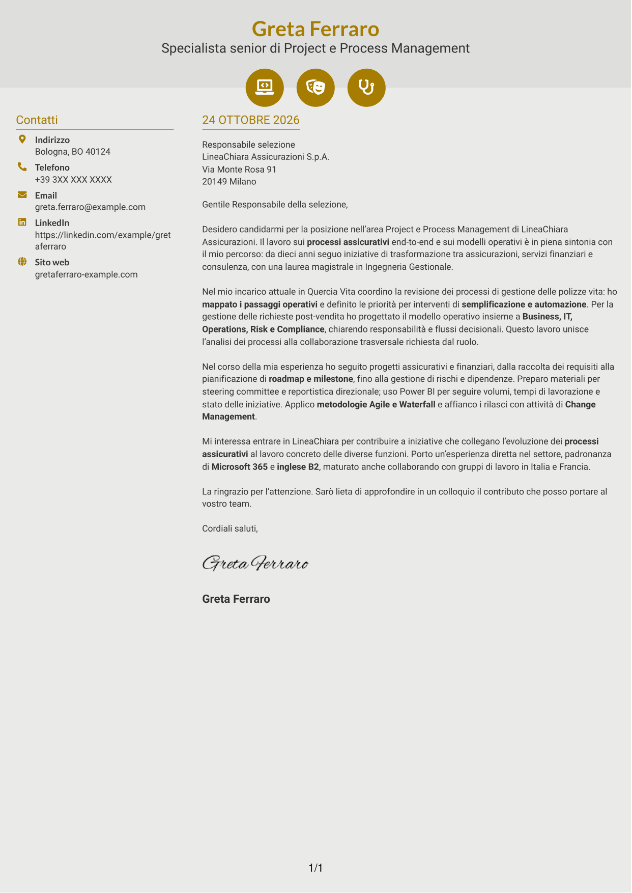 Lettera di presentazione Dinamico (formato a due colonne con icone): Specialista di Project e Process Management - Processi assicurativi, pagina 1
