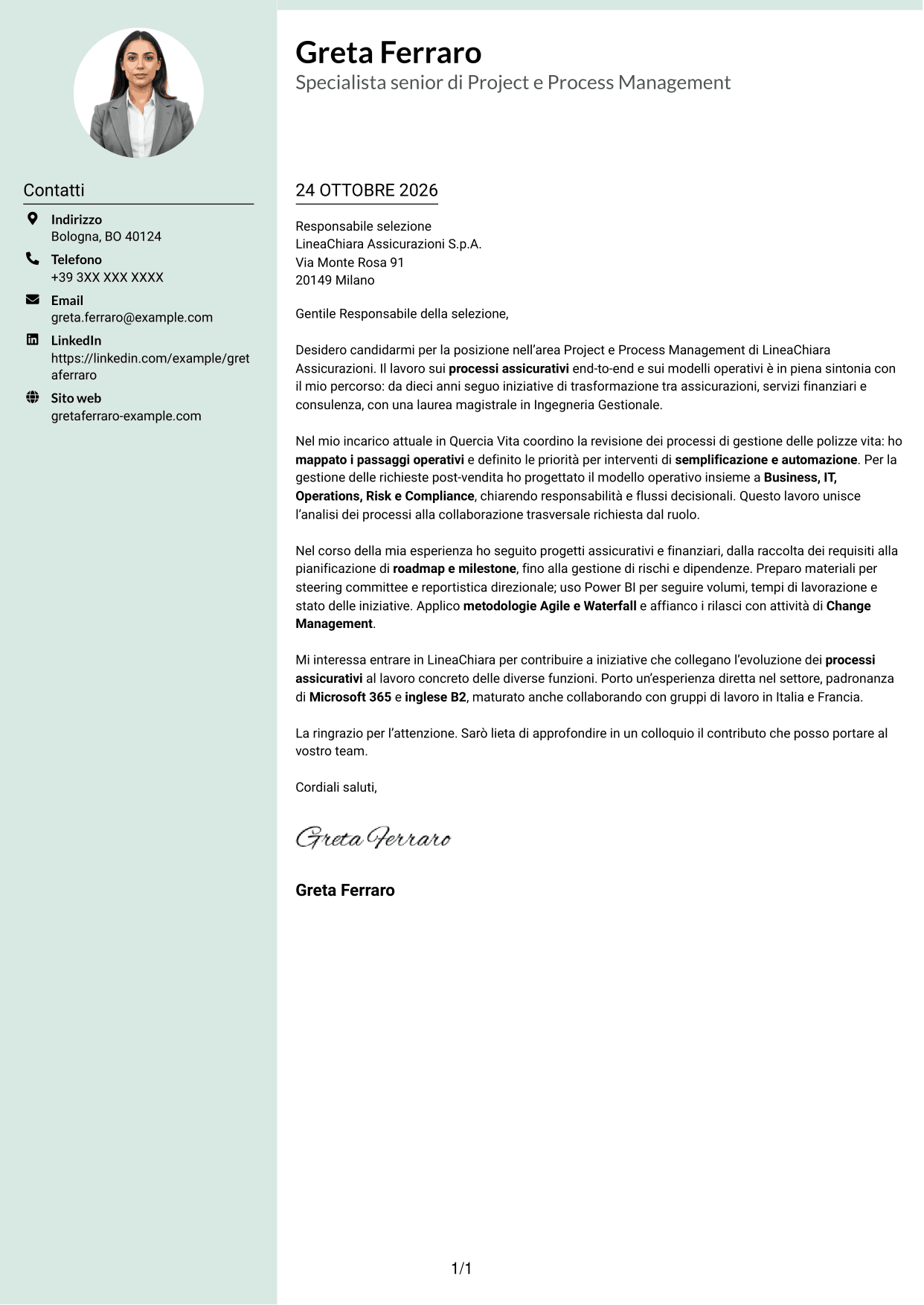 Lettera di presentazione Dirigente (formato con colonna laterale tenue e foto arrotondata): Specialista di Project e Process Management - Processi assicurativi, pagina 1