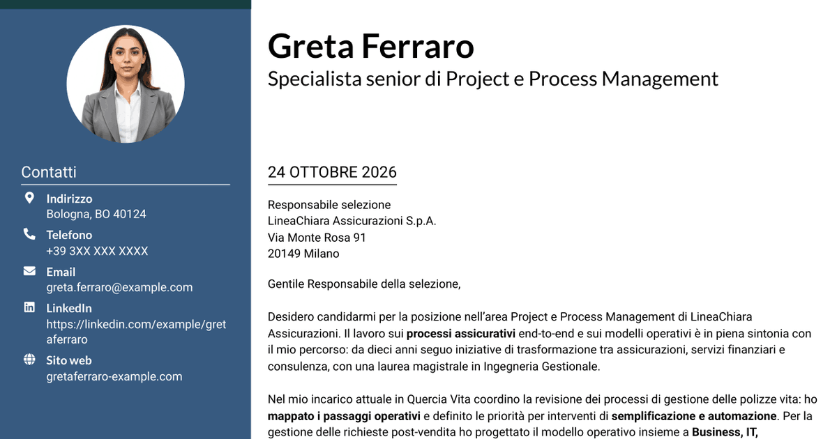 7 modelli di lettera di presentazione per Specialista di Project e Process Management - Processi assicurativi, con esempi