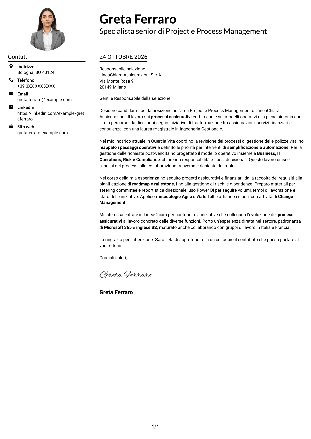 Esempio di lettera di presentazione — pagina 1