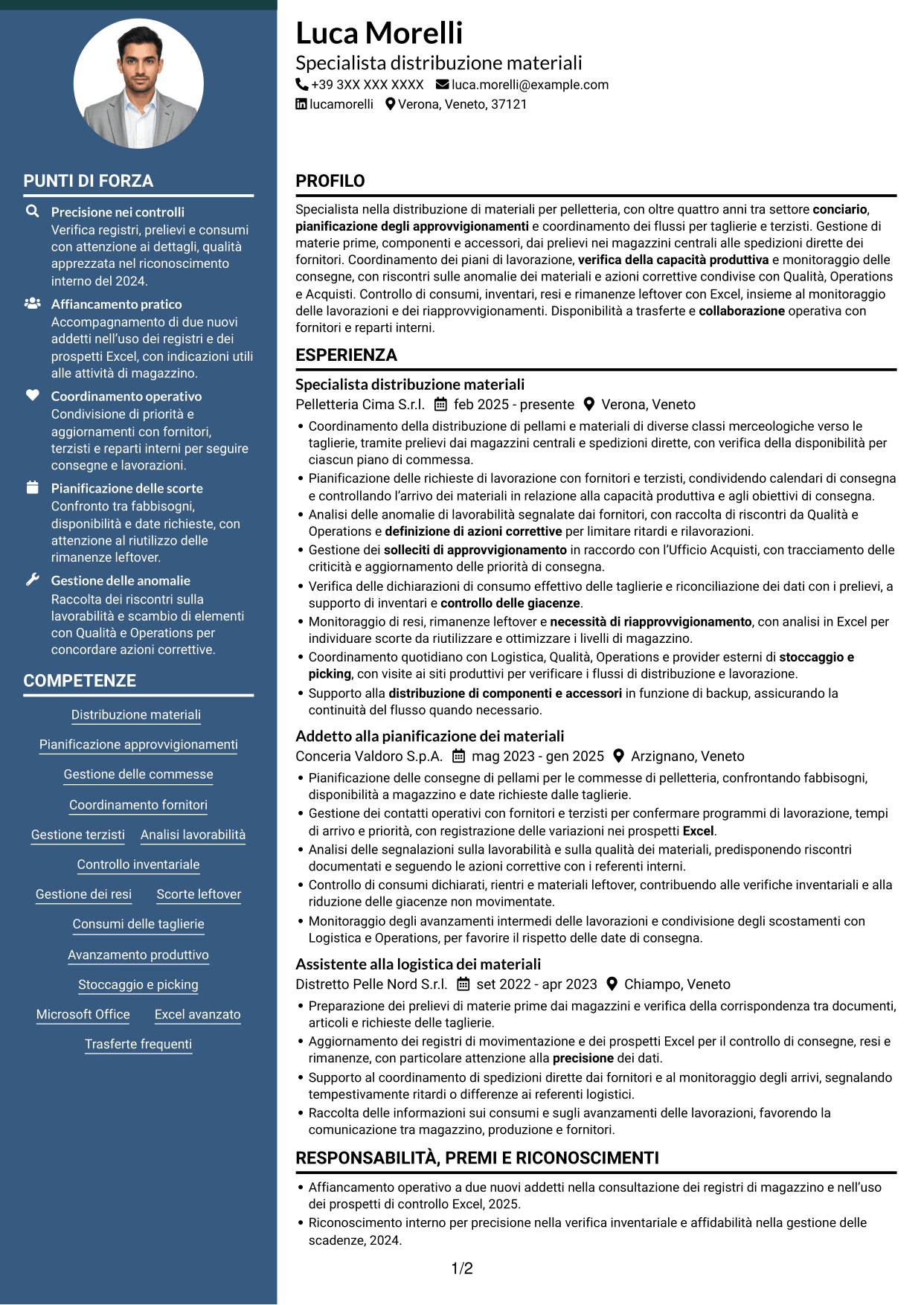 CV Elegante (formato con colonna laterale colorata e foto): Specialista distribuzione materiali per pelletteria, pagina 1