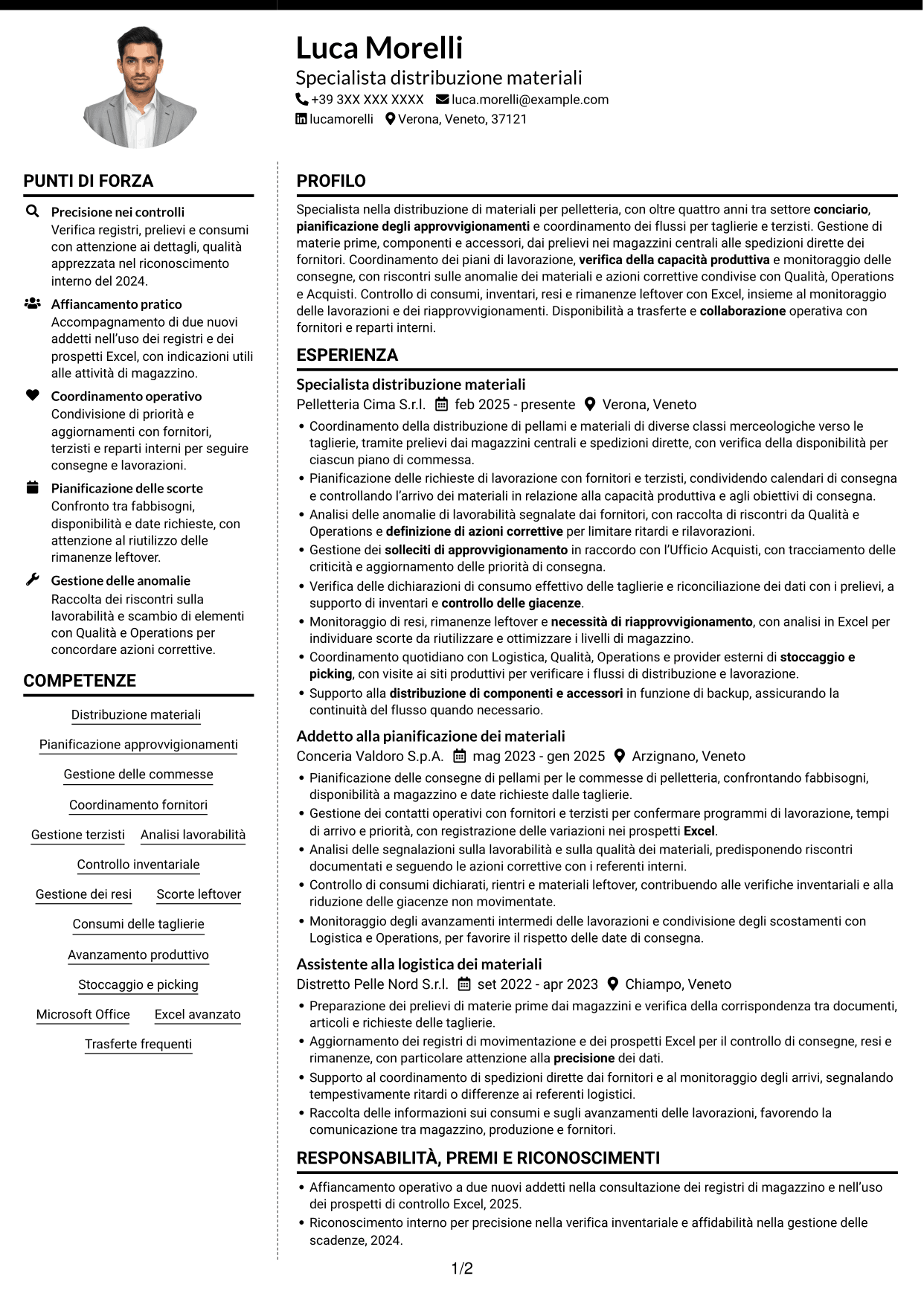 CV Moderno (formato a due colonne con foto a sinistra e separatore): Specialista distribuzione materiali per pelletteria, pagina 1