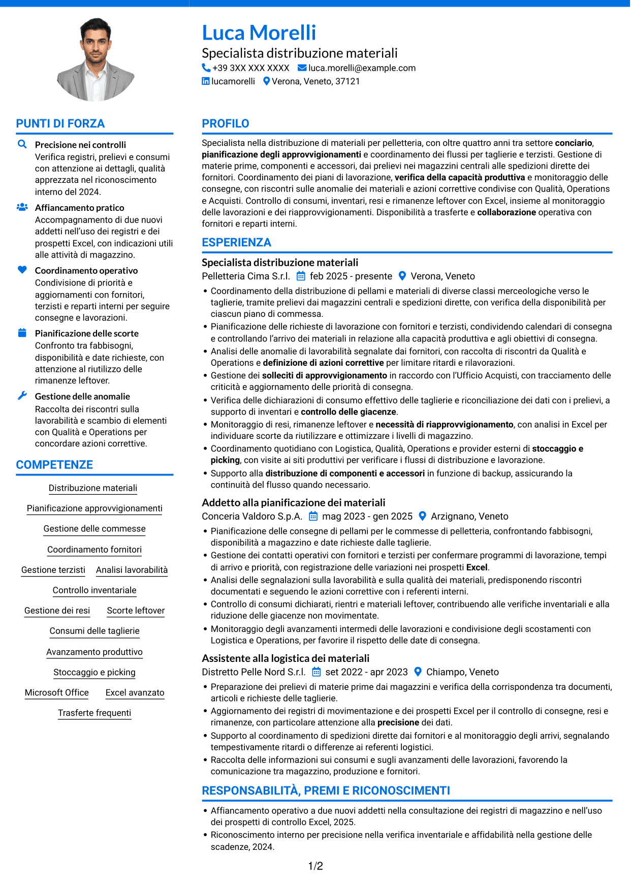 CV Audace (formato a due colonne con accenti colorati e foto): Specialista distribuzione materiali per pelletteria, pagina 1