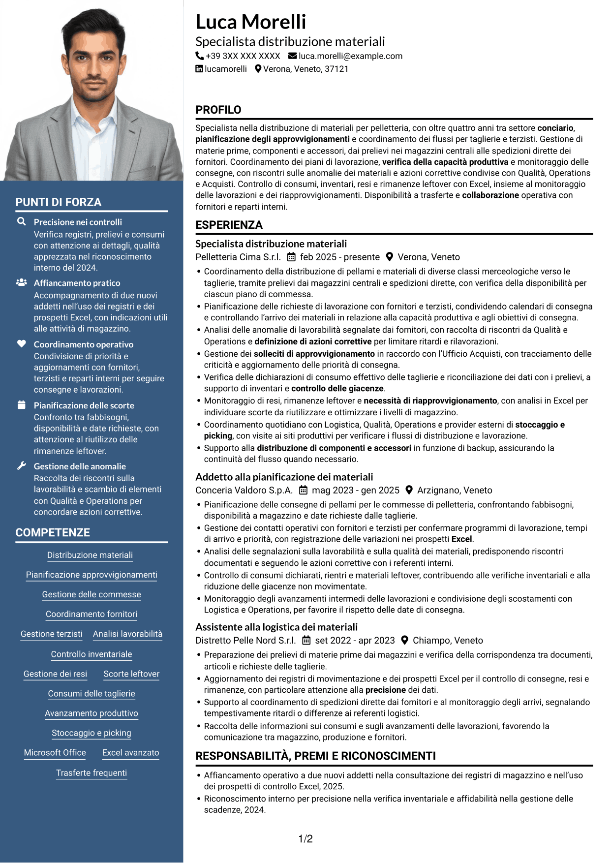 CV Signature (formato con colonna laterale colorata e foto grande): Specialista distribuzione materiali per pelletteria, pagina 1