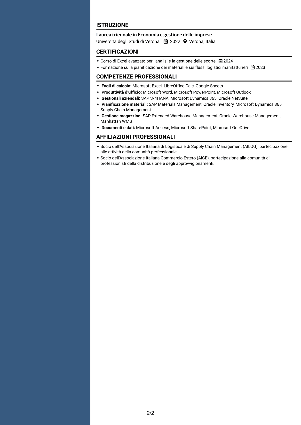 CV Signature (formato con colonna laterale colorata e foto grande): Specialista distribuzione materiali per pelletteria, pagina 2