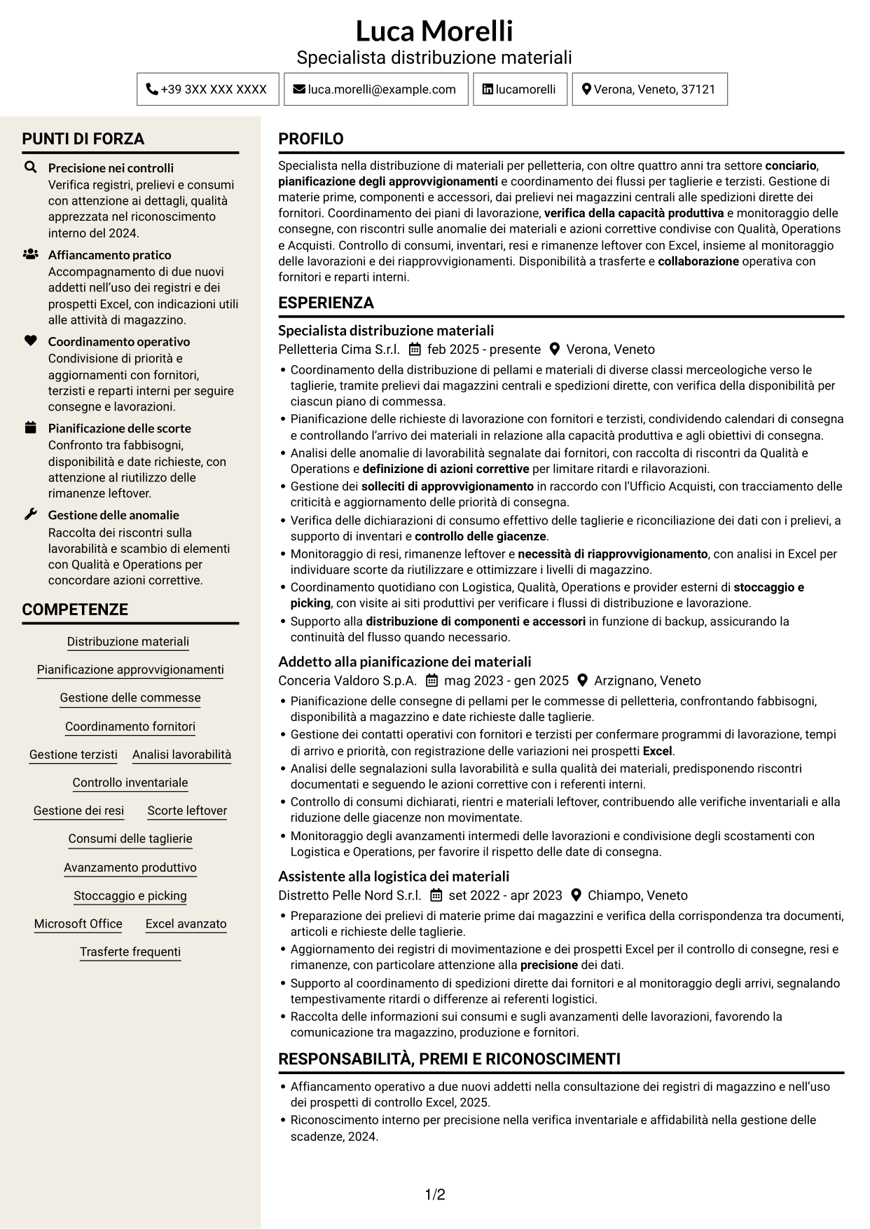 CV Intraprendente (formato a due colonne con intestazione centrata senza foto): Specialista distribuzione materiali per pelletteria, pagina 1