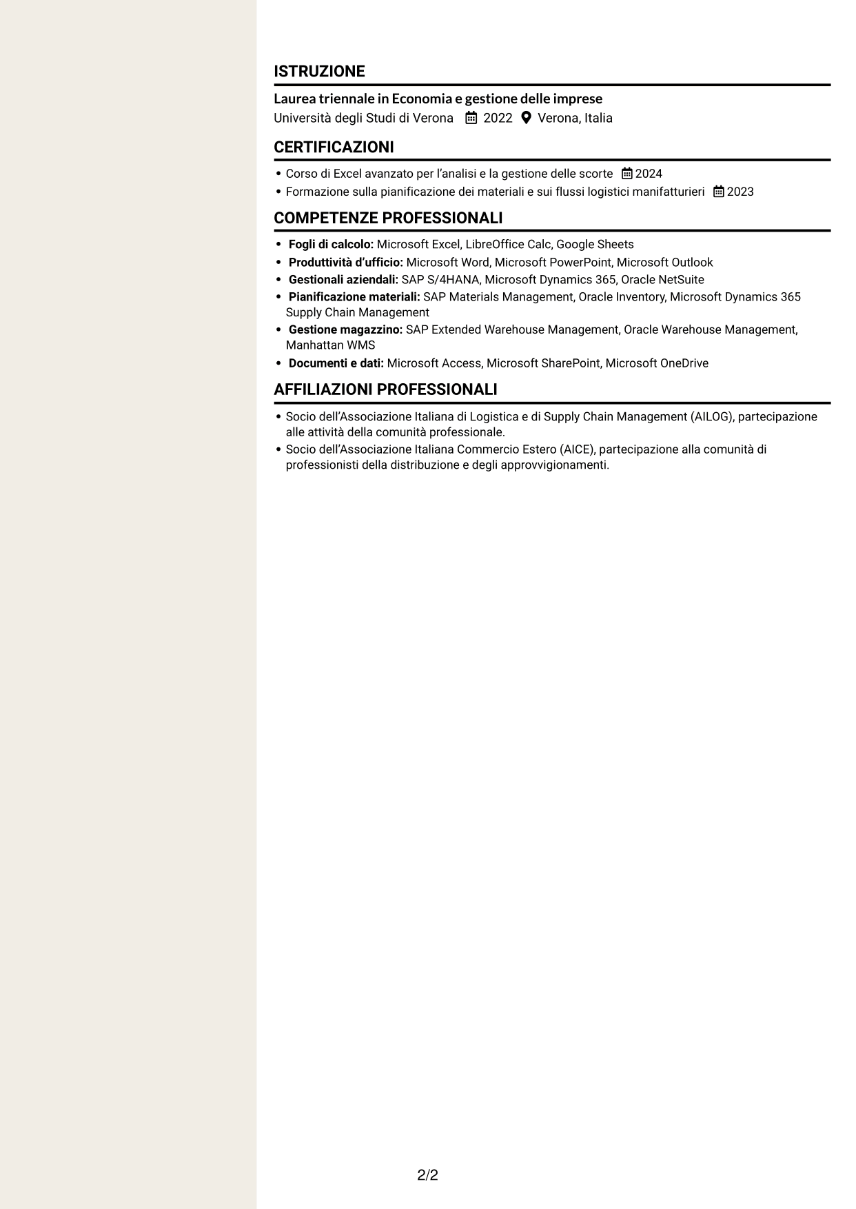 CV Intraprendente (formato a due colonne con intestazione centrata senza foto): Specialista distribuzione materiali per pelletteria, pagina 2