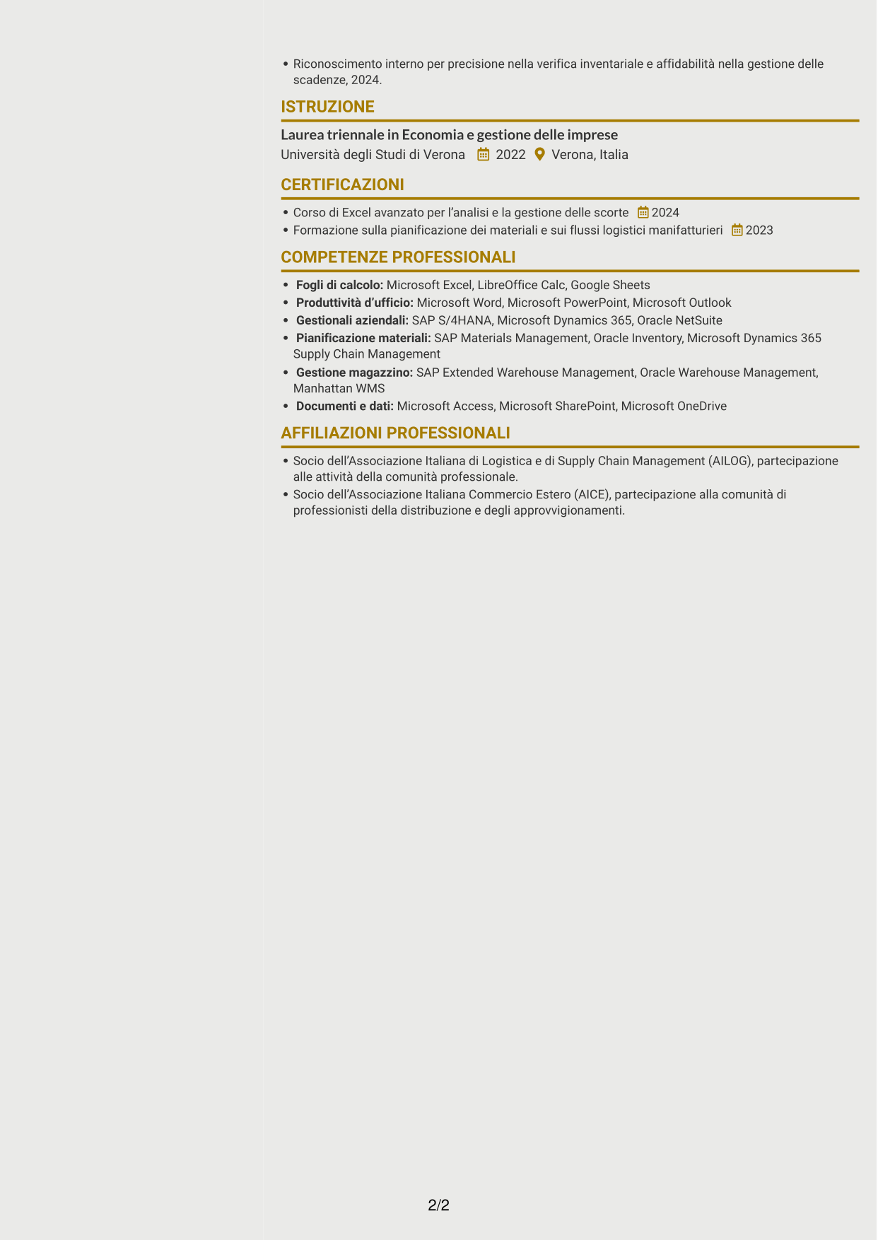 CV Dinamico (formato a due colonne con icone): Specialista distribuzione materiali per pelletteria, pagina 2