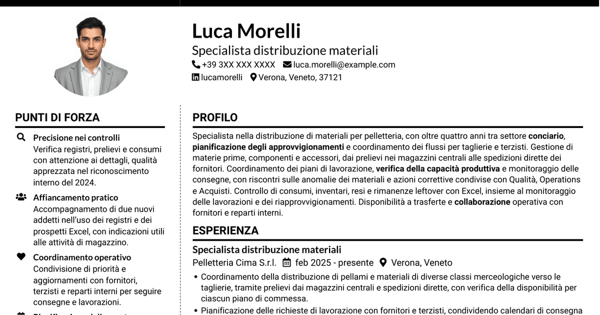 7 modelli di CV per Specialista distribuzione materiali per pelletteria, con esempi