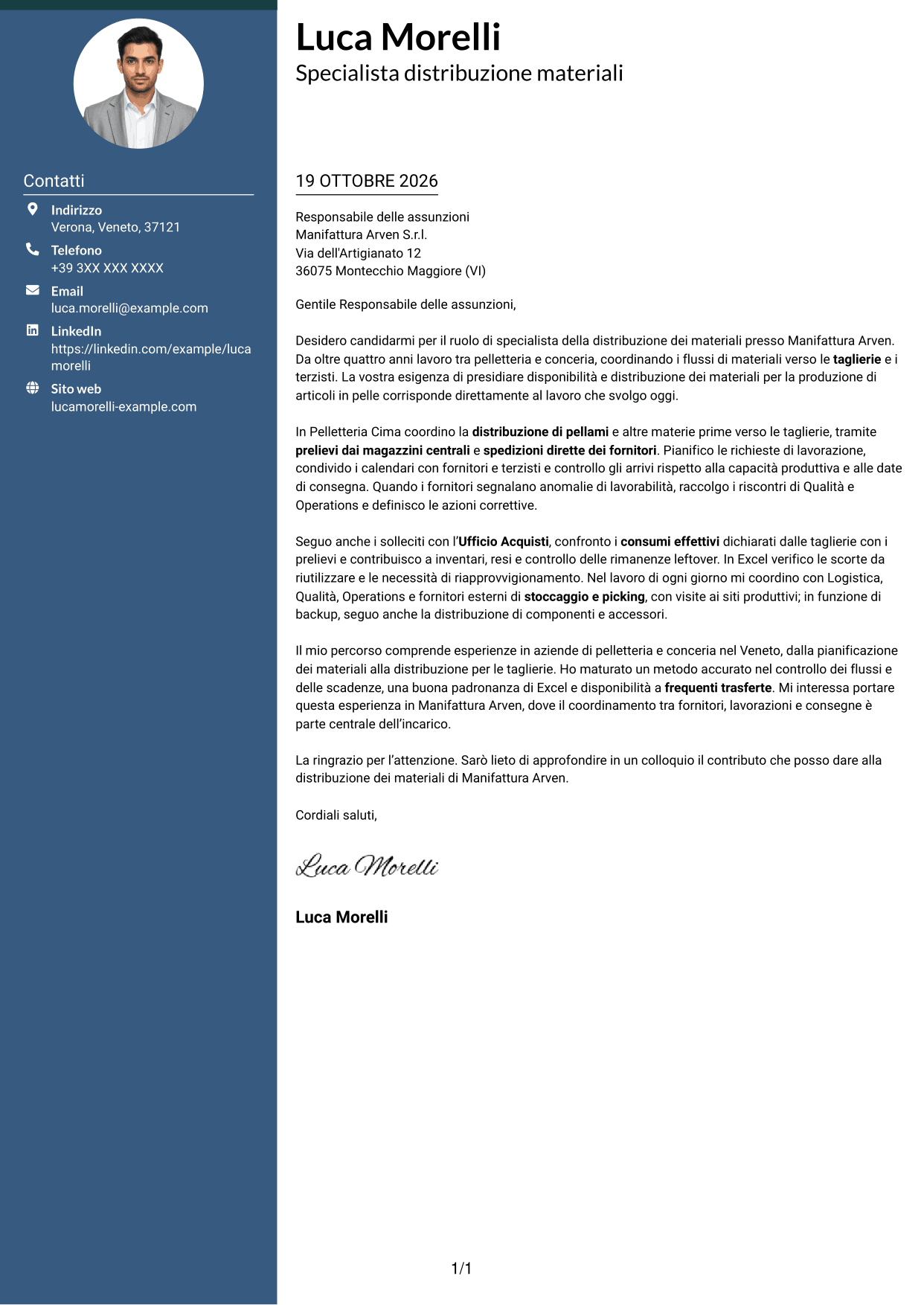 Lettera di presentazione Elegante (formato con colonna laterale colorata e foto): Specialista distribuzione materiali per pelletteria, pagina 1