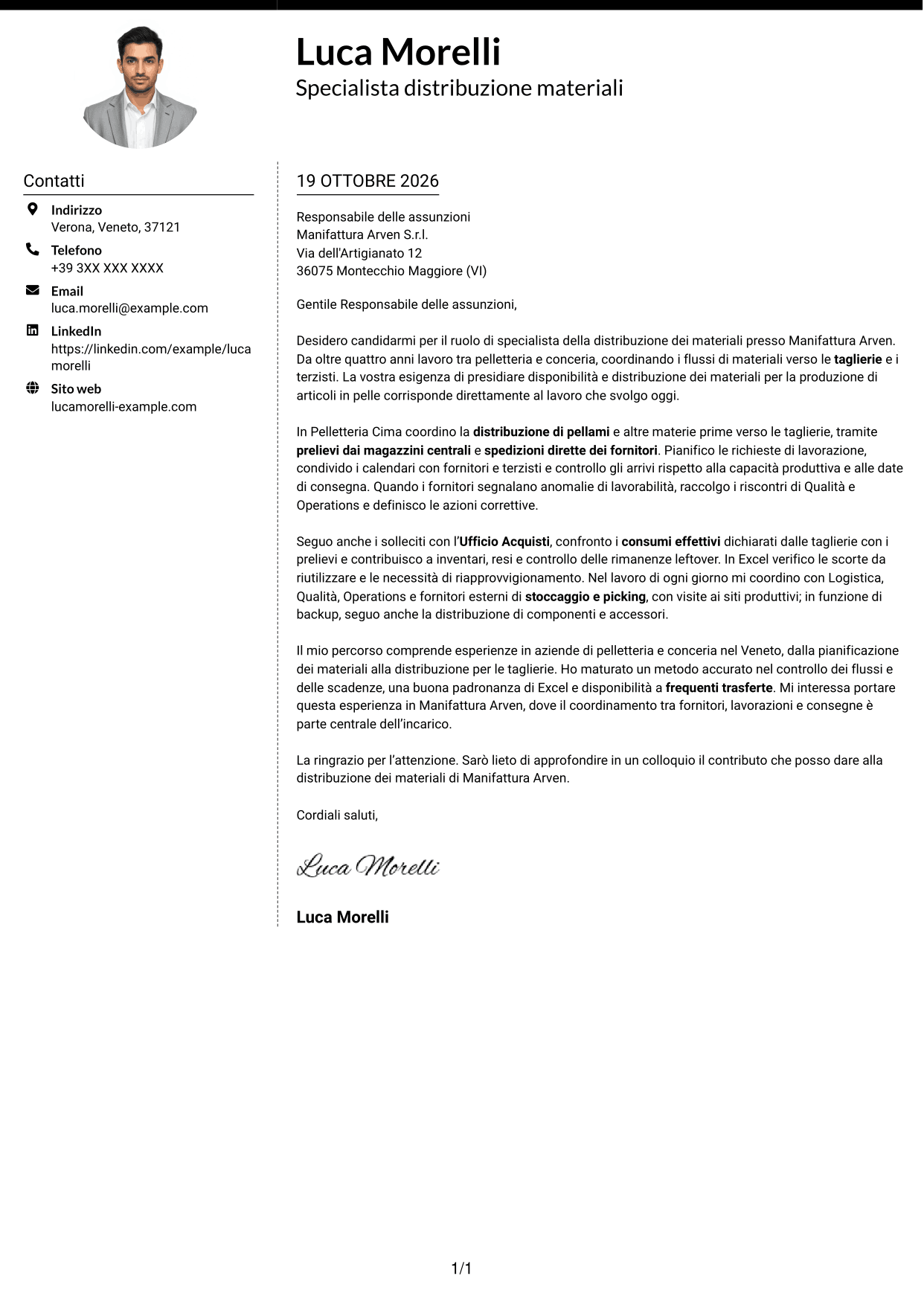 Lettera di presentazione Moderno (formato a due colonne con foto a sinistra e separatore): Specialista distribuzione materiali per pelletteria, pagina 1