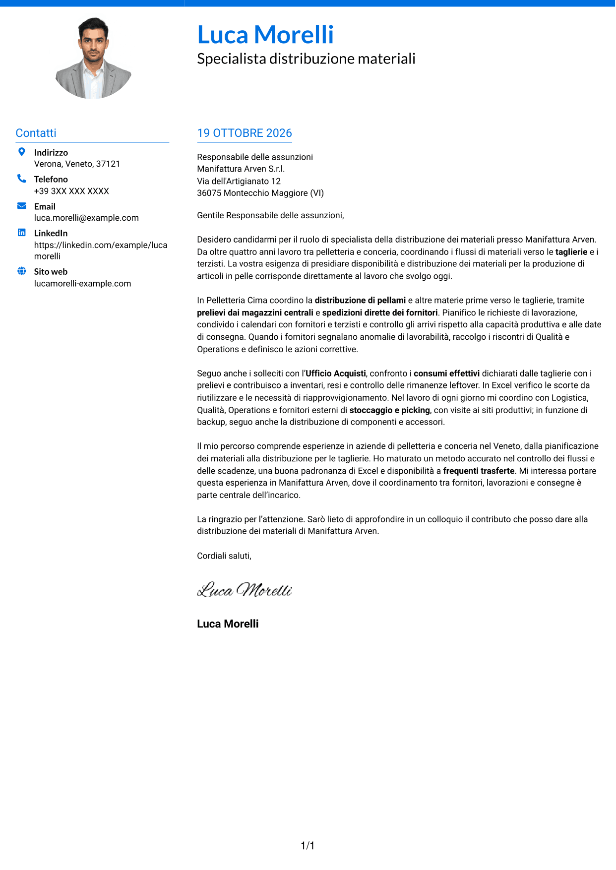 Lettera di presentazione Audace (formato a due colonne con accenti colorati e foto): Specialista distribuzione materiali per pelletteria, pagina 1