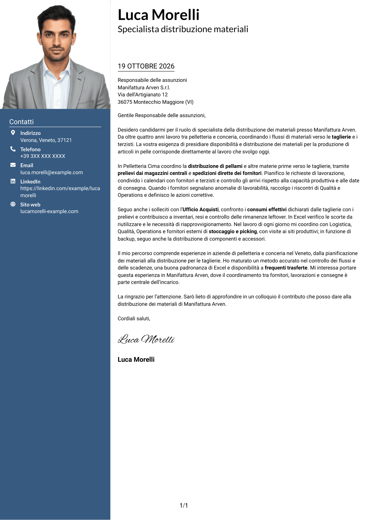 Lettera di presentazione Signature (formato con colonna laterale colorata e foto grande): Specialista distribuzione materiali per pelletteria, pagina 1
