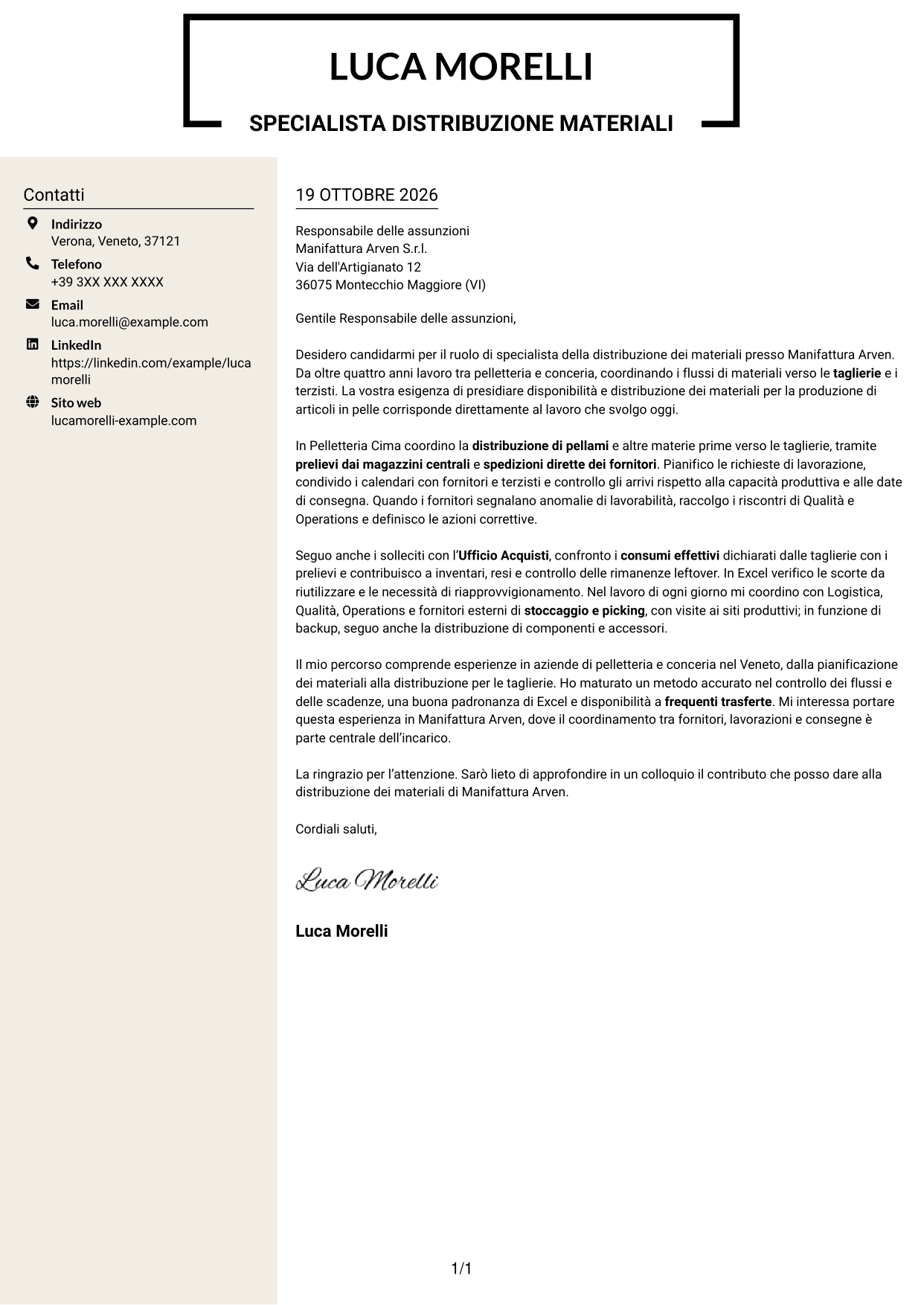 Lettera di presentazione Intraprendente (formato a due colonne con intestazione centrata senza foto): Specialista distribuzione materiali per pelletteria, pagina 1
