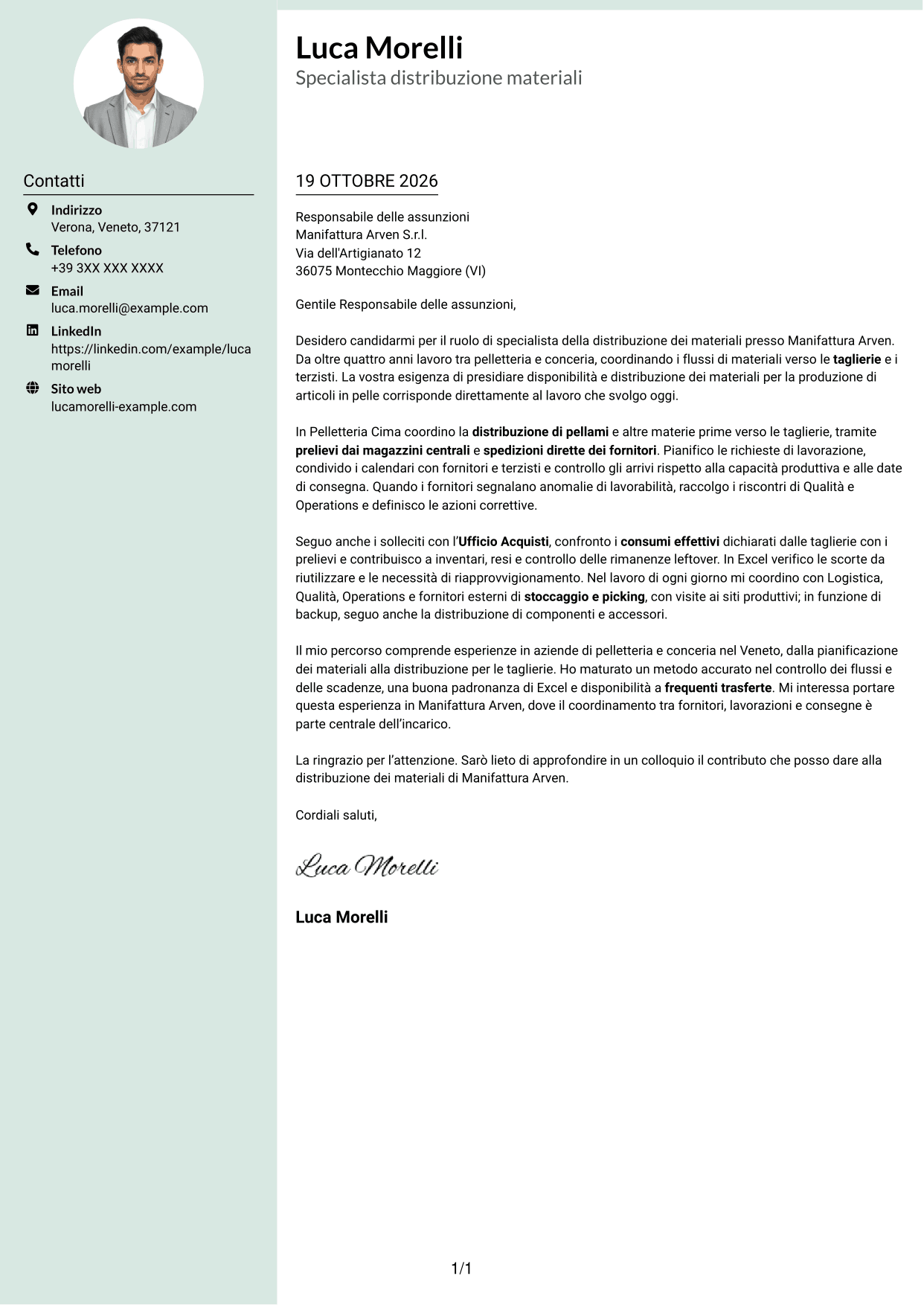 Lettera di presentazione Dirigente (formato con colonna laterale tenue e foto arrotondata): Specialista distribuzione materiali per pelletteria, pagina 1