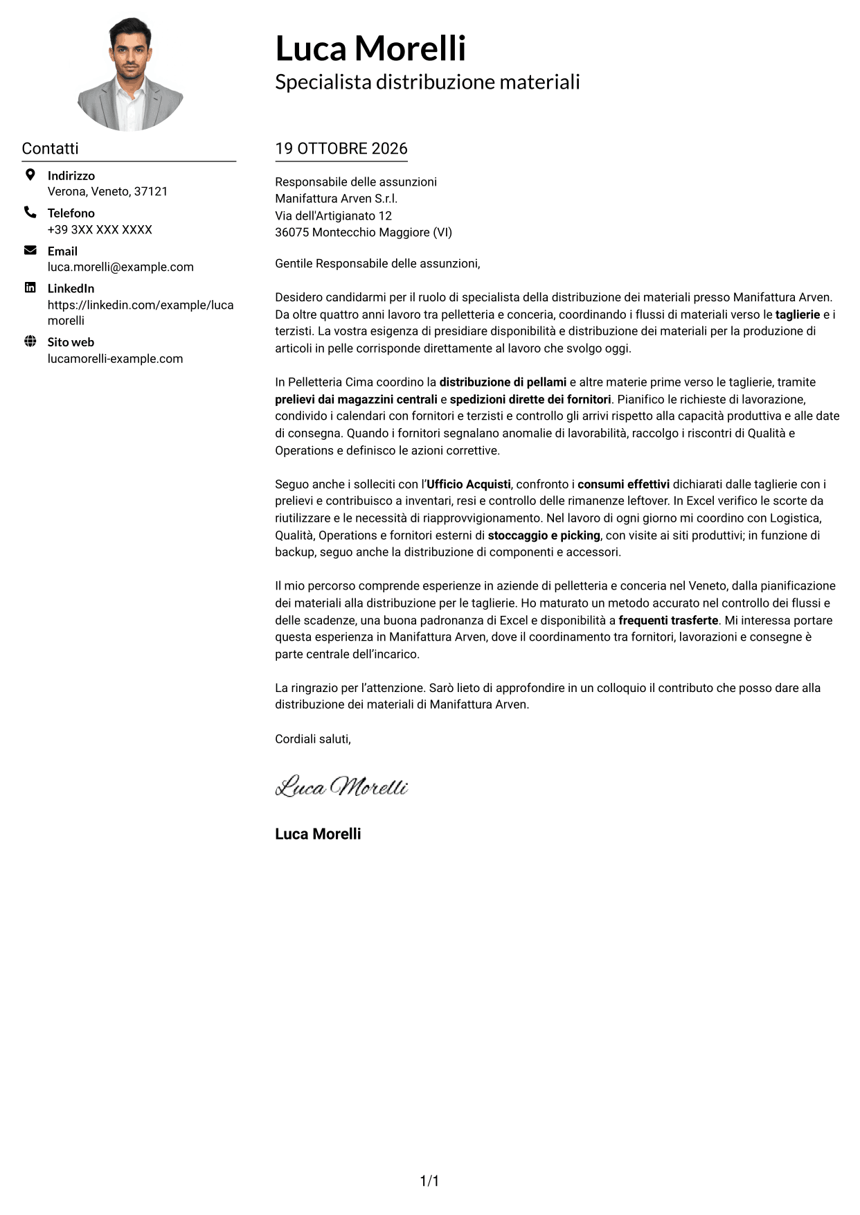Esempio di lettera di presentazione — pagina 1