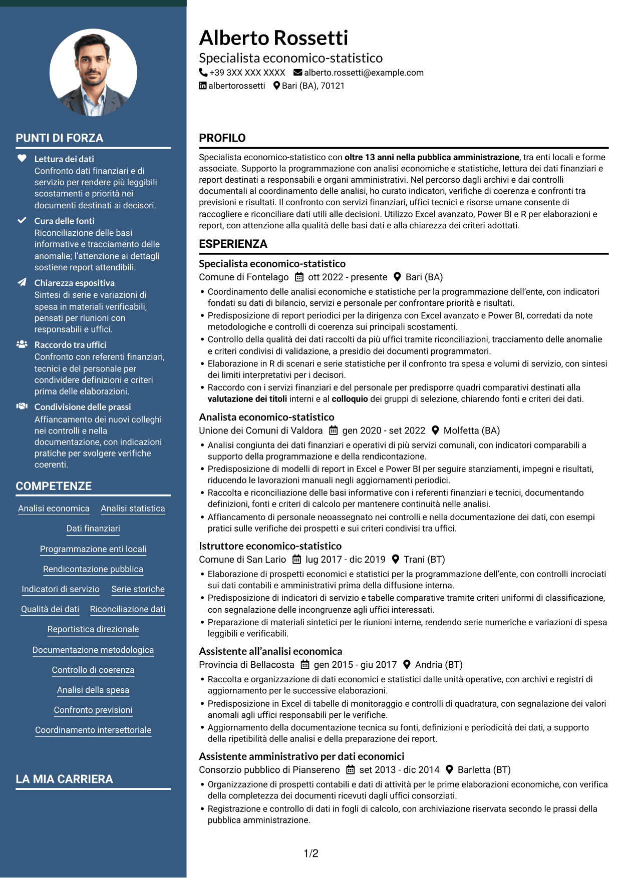 CV Elegante (formato con colonna laterale colorata e foto): Specialista economico-statistico, pagina 1