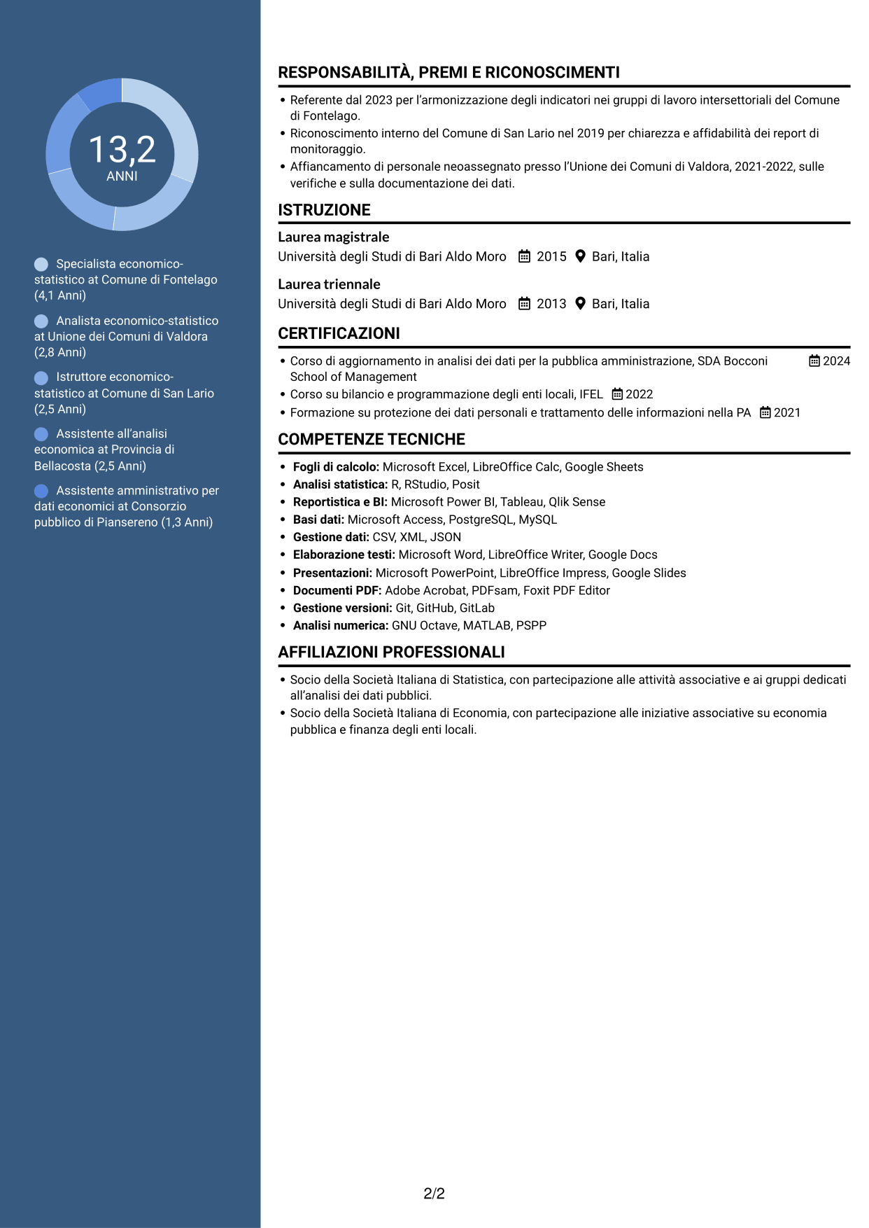 CV Elegante (formato con colonna laterale colorata e foto): Specialista economico-statistico, pagina 2