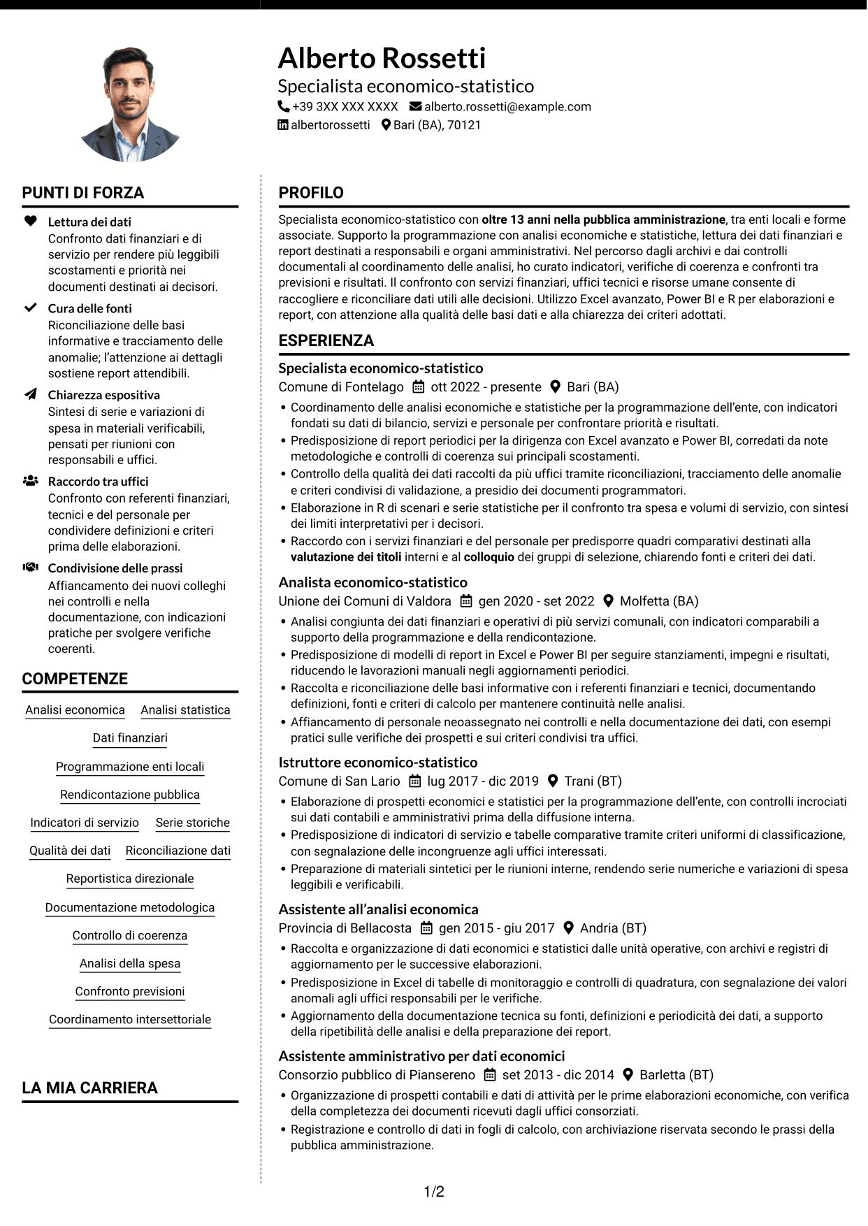 CV Moderno (formato a due colonne con foto a sinistra e separatore): Specialista economico-statistico, pagina 1