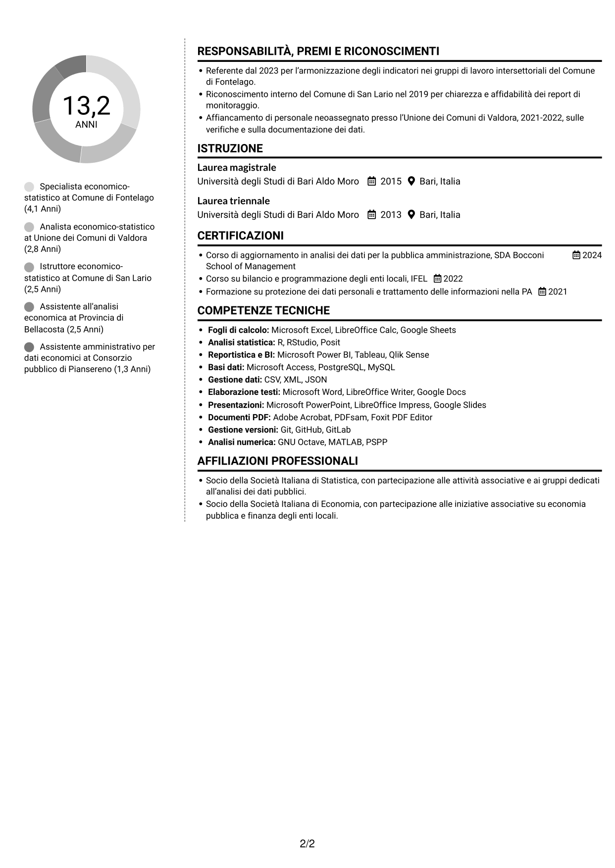 CV Moderno (formato a due colonne con foto a sinistra e separatore): Specialista economico-statistico, pagina 2