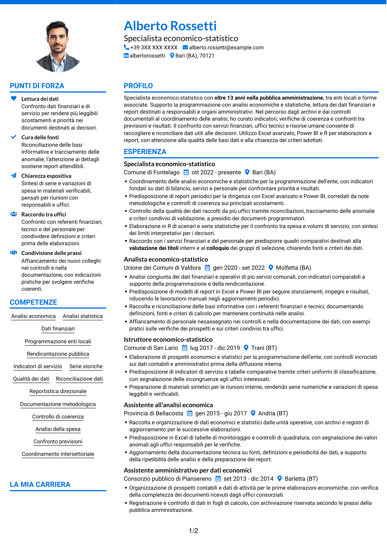 CV Audace (formato a due colonne con accenti colorati e foto): Specialista economico-statistico, pagina 1