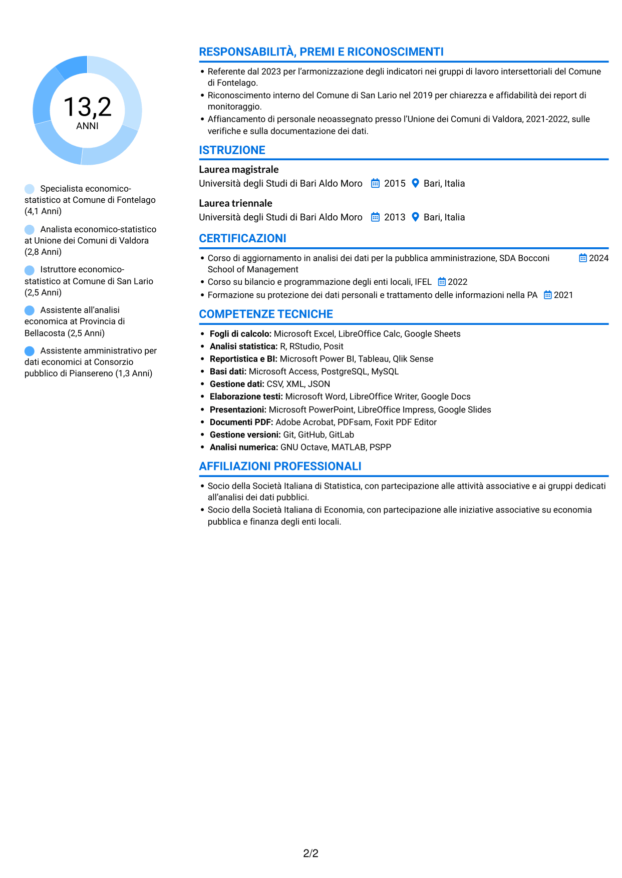 CV Audace (formato a due colonne con accenti colorati e foto): Specialista economico-statistico, pagina 2