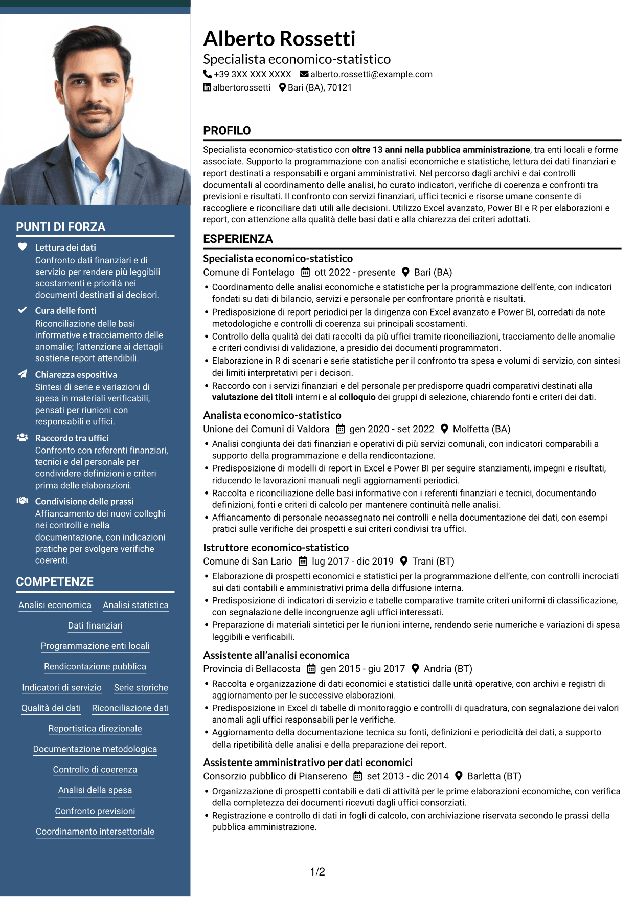CV Signature (formato con colonna laterale colorata e foto grande): Specialista economico-statistico, pagina 1