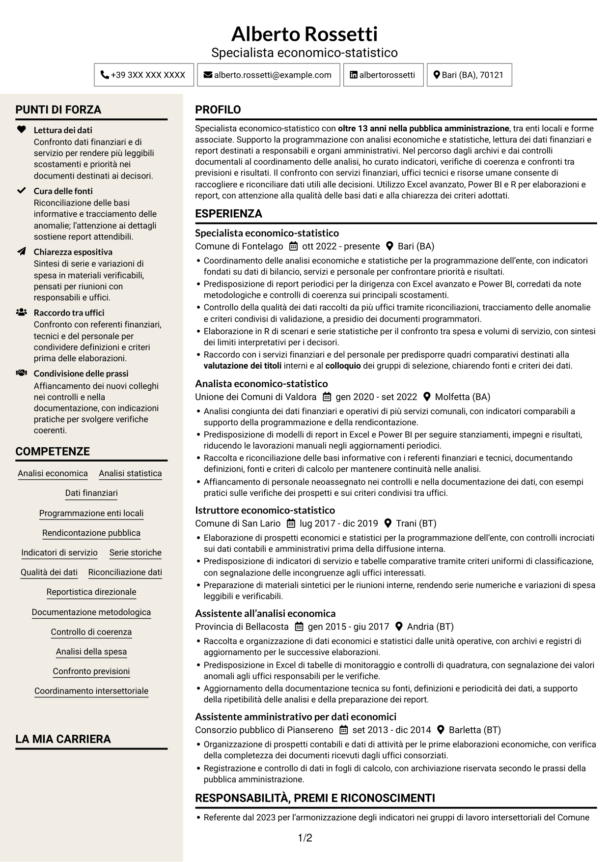 CV Intraprendente (formato a due colonne con intestazione centrata senza foto): Specialista economico-statistico, pagina 1