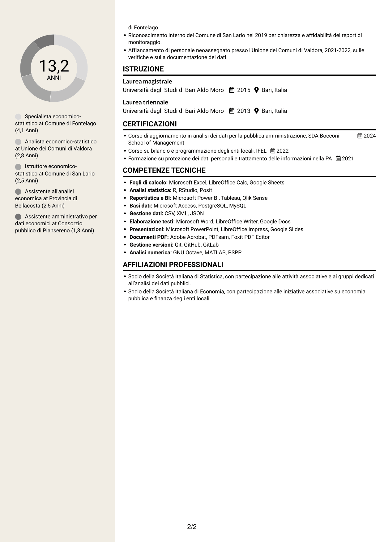 CV Intraprendente (formato a due colonne con intestazione centrata senza foto): Specialista economico-statistico, pagina 2