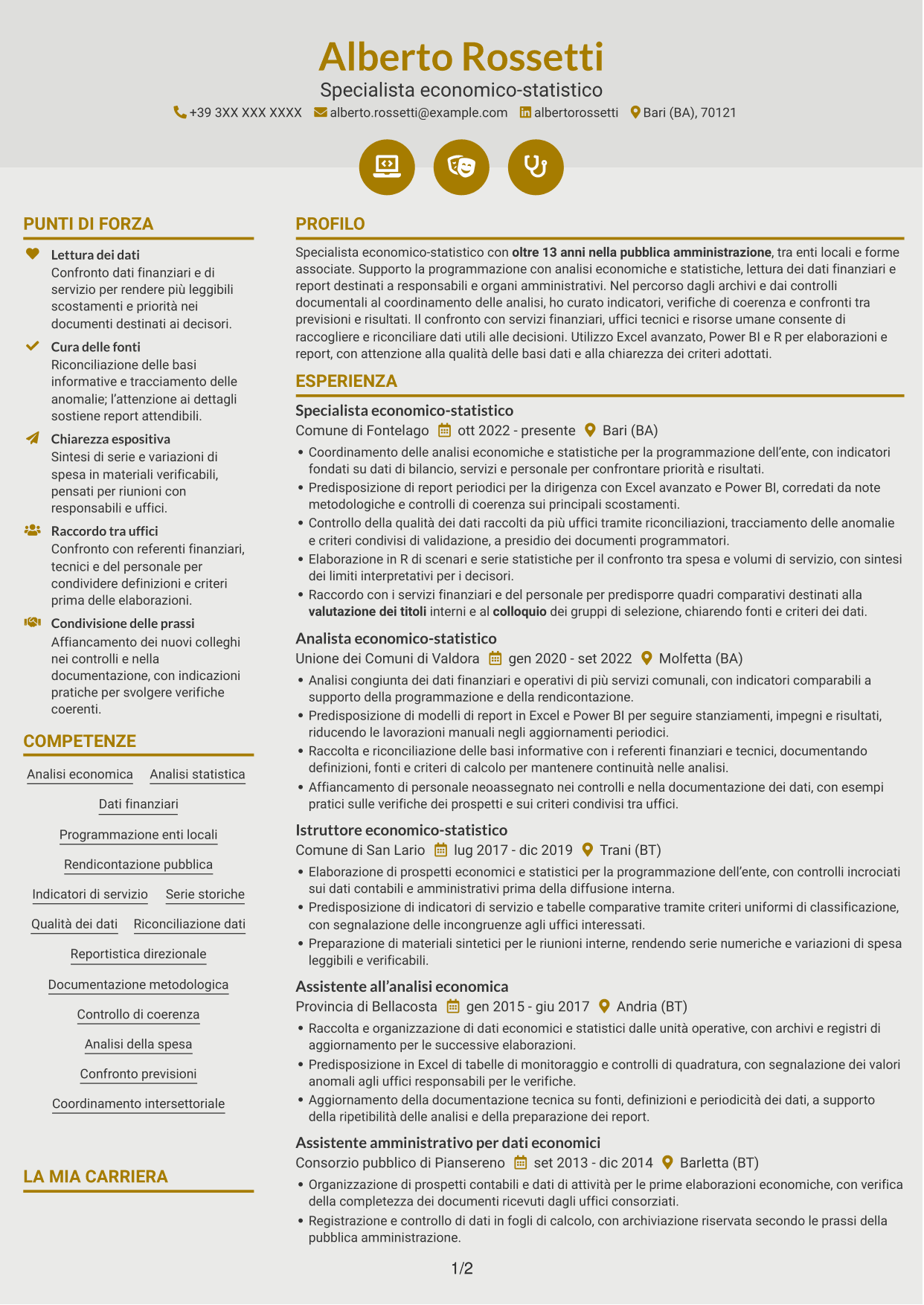 CV Dinamico (formato a due colonne con icone): Specialista economico-statistico, pagina 1