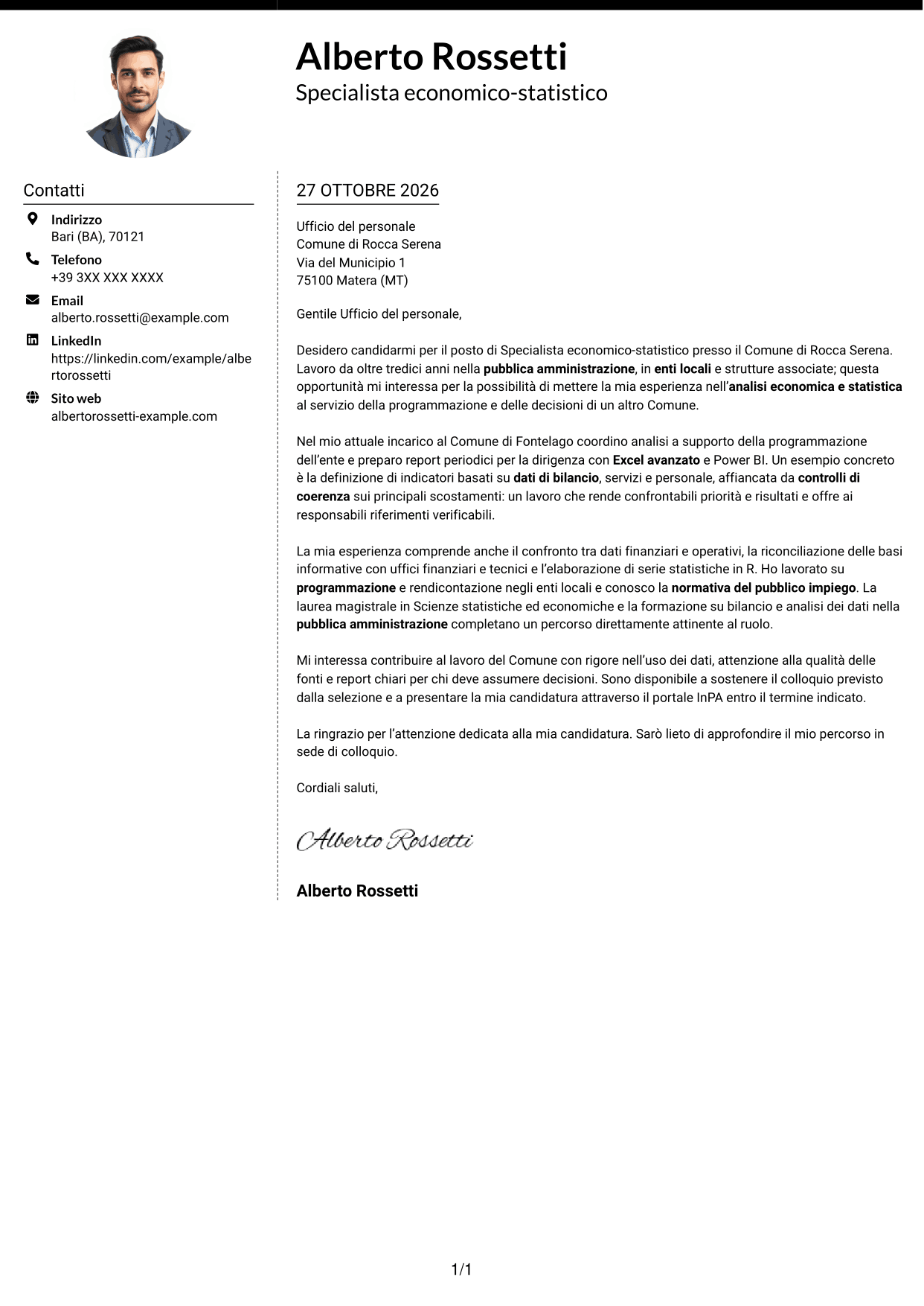 Lettera di presentazione Moderno (formato a due colonne con foto a sinistra e separatore): Specialista economico-statistico, pagina 1