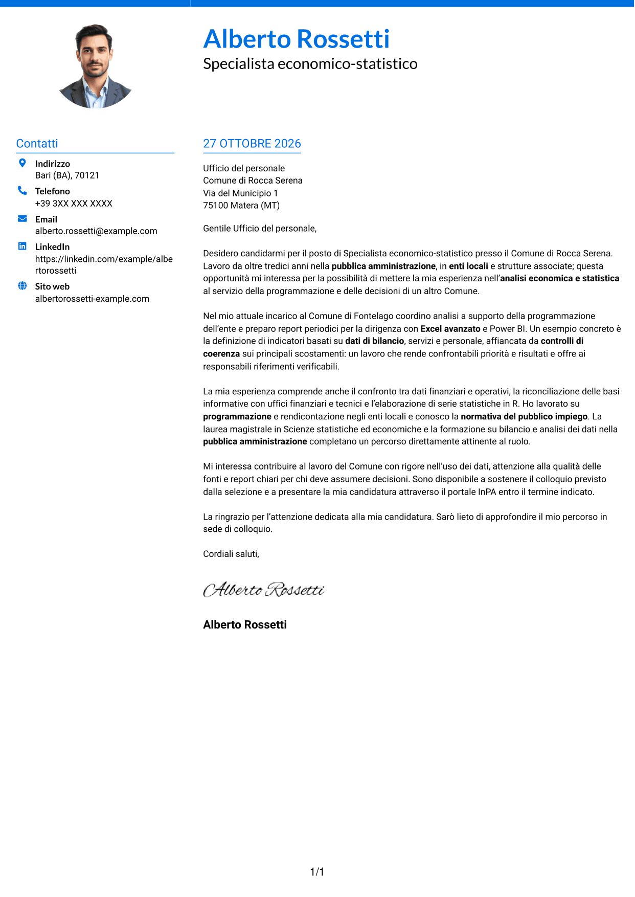 Lettera di presentazione Audace (formato a due colonne con accenti colorati e foto): Specialista economico-statistico, pagina 1