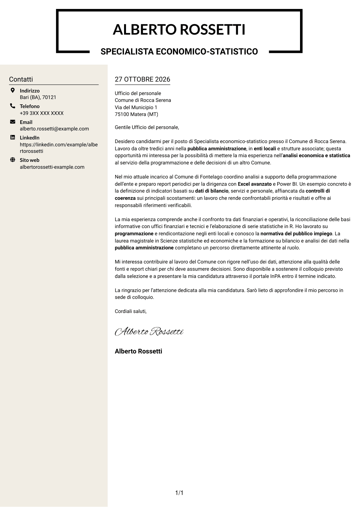 Lettera di presentazione Intraprendente (formato a due colonne con intestazione centrata senza foto): Specialista economico-statistico, pagina 1