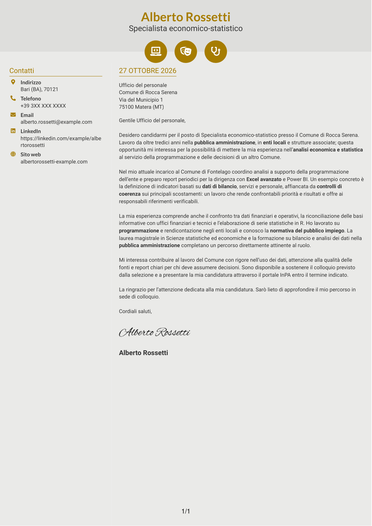 Lettera di presentazione Dinamico (formato a due colonne con icone): Specialista economico-statistico, pagina 1