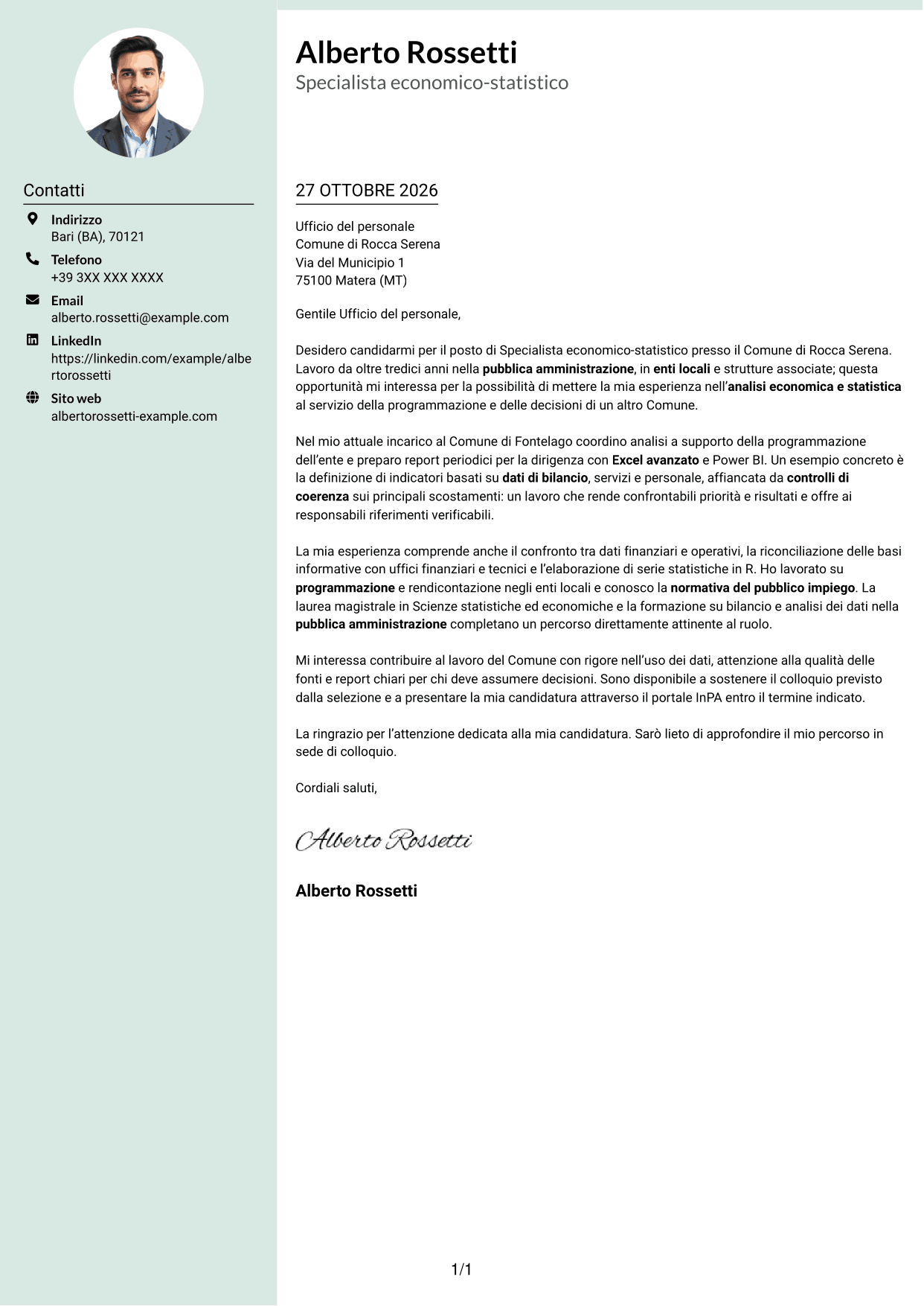 Lettera di presentazione Dirigente (formato con colonna laterale tenue e foto arrotondata): Specialista economico-statistico, pagina 1